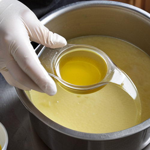 ** A close-up shot of hands mixing ingredients (coconut oil, olive oil, lye solution) in a stainless steel pot. Focus on the texture of the oils and the mixing process. Safety goggles and gloves are visible, but not the main focus. Natural light.

**