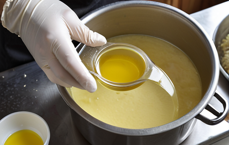 ** A close-up shot of hands mixing ingredients (coconut oil, olive oil, lye solution) in a stainless steel pot. Focus on the texture of the oils and the mixing process. Safety goggles and gloves are visible, but not the main focus. Natural light.
**