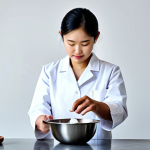 A Malaysian individual, fully clothed in a clean, modest lab coat, meticulously weighing various high-quality oils (such as virgin coconut oil and olive oil) on a precise digital scale in a well-lit, organized home kitchen setup for soap making. Clean stainless steel bowls, industrial-grade lye containers (safely stored), and measuring cups are visible on a countertop. The person's hands are carefully handling the ingredients. perfect anatomy, correct proportions, natural pose, well-formed hands, proper finger count, natural body proportions, professional photography, high quality, safe for work, appropriate content, fully clothed, professional dress.