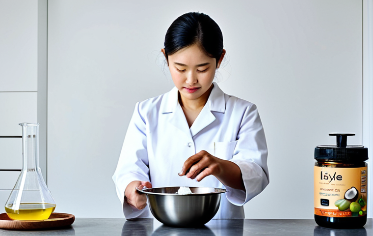A Malaysian individual, fully clothed in a clean, modest lab coat, meticulously weighing various high-quality oils (such as virgin coconut oil and olive oil) on a precise digital scale in a well-lit, organized home kitchen setup for soap making. Clean stainless steel bowls, industrial-grade lye containers (safely stored), and measuring cups are visible on a countertop. The person's hands are carefully handling the ingredients. perfect anatomy, correct proportions, natural pose, well-formed hands, proper finger count, natural body proportions, professional photography, high quality, safe for work, appropriate content, fully clothed, professional dress.