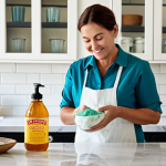 **

"A woman happily mixing ingredients for homemade laundry soap in her kitchen, ingredients including washing soda, borax, and essential oils on the counter, fully clothed in modest attire, safe for work, appropriate content, family-friendly, professional photography, perfect anatomy, correct proportions, natural lighting, domestic setting."

**