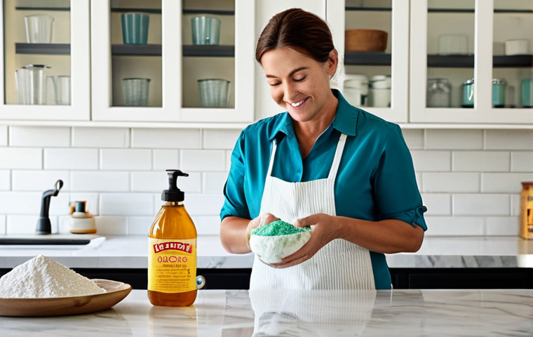 **

"A woman happily mixing ingredients for homemade laundry soap in her kitchen, ingredients including washing soda, borax, and essential oils on the counter, fully clothed in modest attire, safe for work, appropriate content, family-friendly, professional photography, perfect anatomy, correct proportions, natural lighting, domestic setting."

**